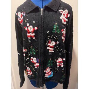 VTG 90s Oops All Santas! Black Beaded, Embroidered, Applique Zip Up Woven Sweate